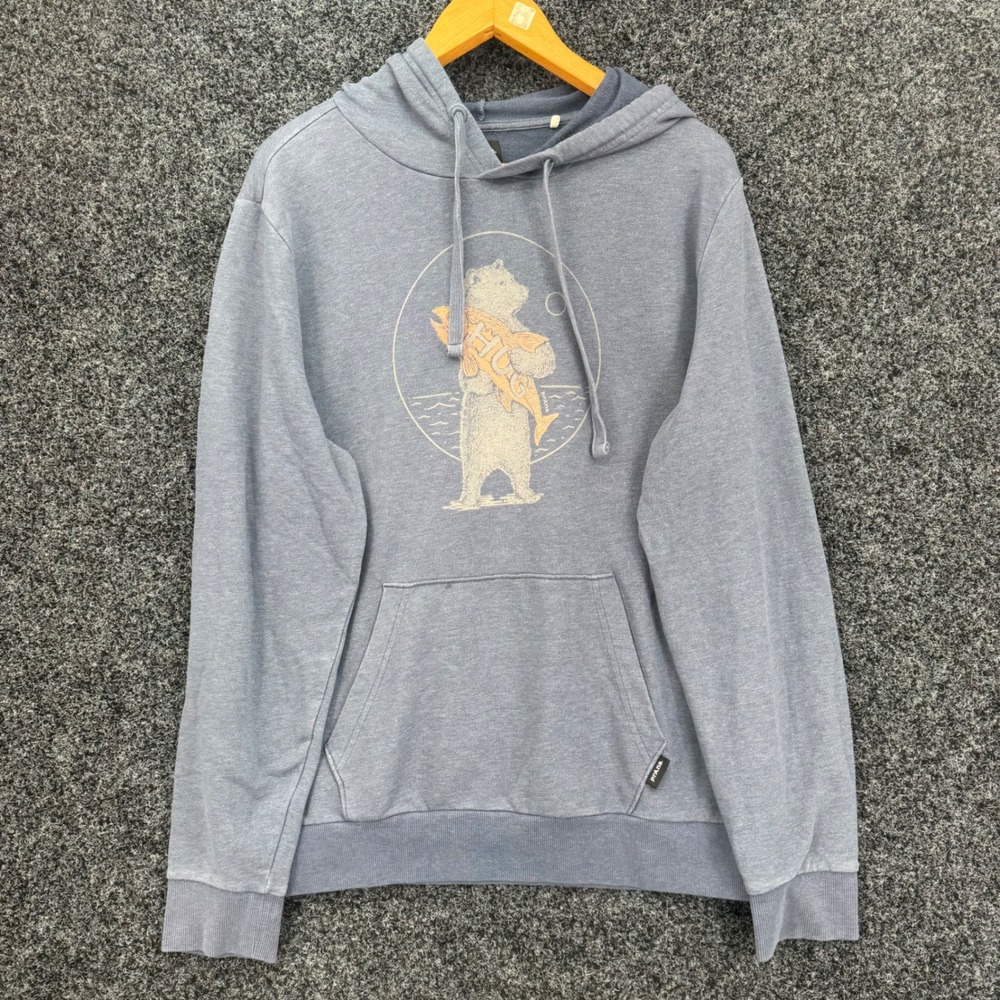 Prana Mens Blue Bear Hug Fish Graphic Hoodie Sweatshirt Medium Heathered Blue